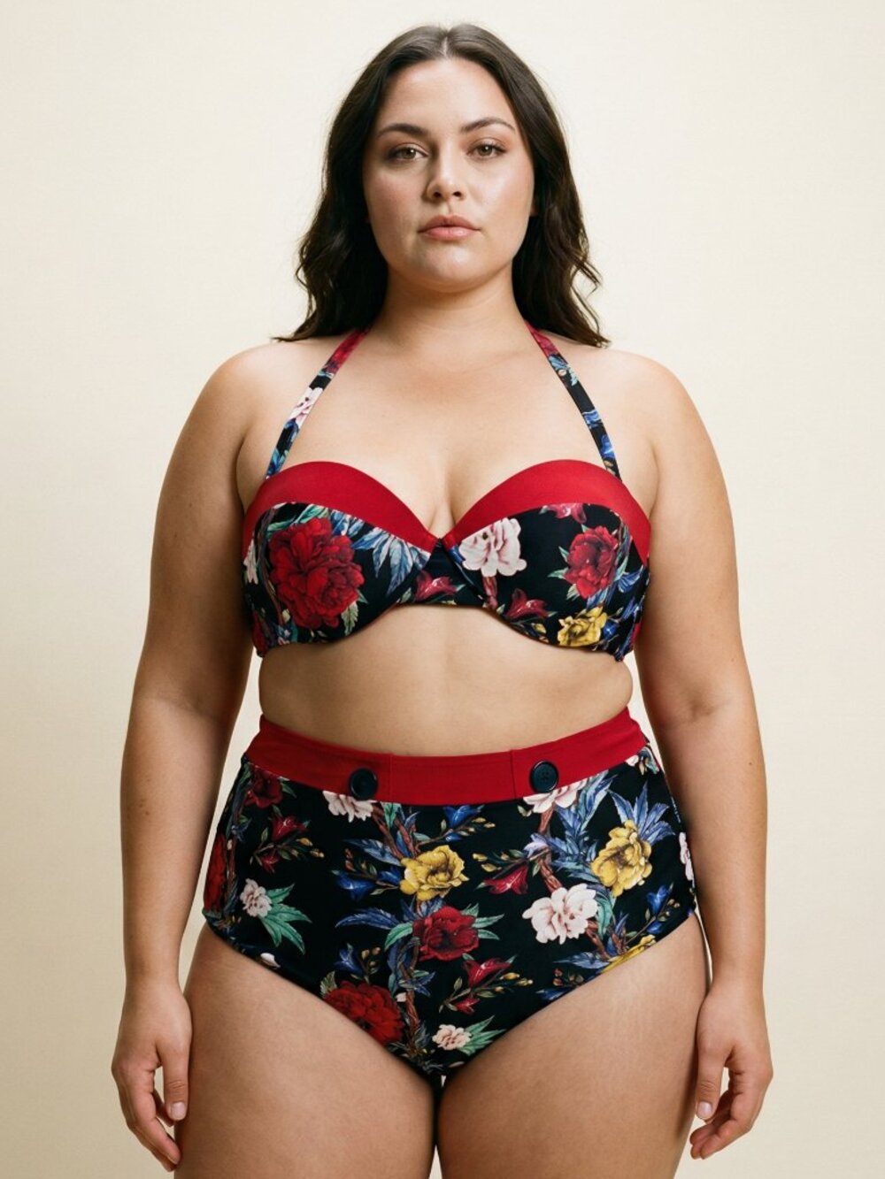 Elegant Floral Bikini Set with Red Accents